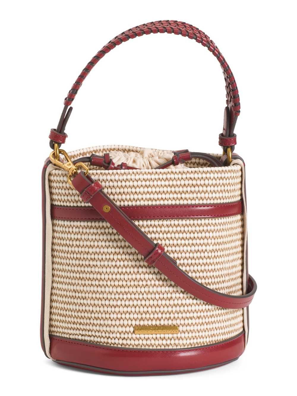 House of Harlow 1960 Straw Bucket Bag with Red Trim